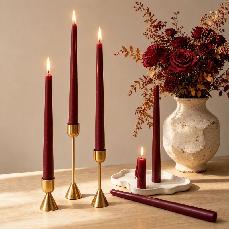 Velas cónicas de color burdeos - Soy Wax reseña y precio